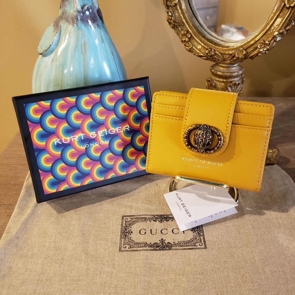 Kurt Geiger Yellow Leather Card Holder w/ Gold Eagle Emblem NIB!